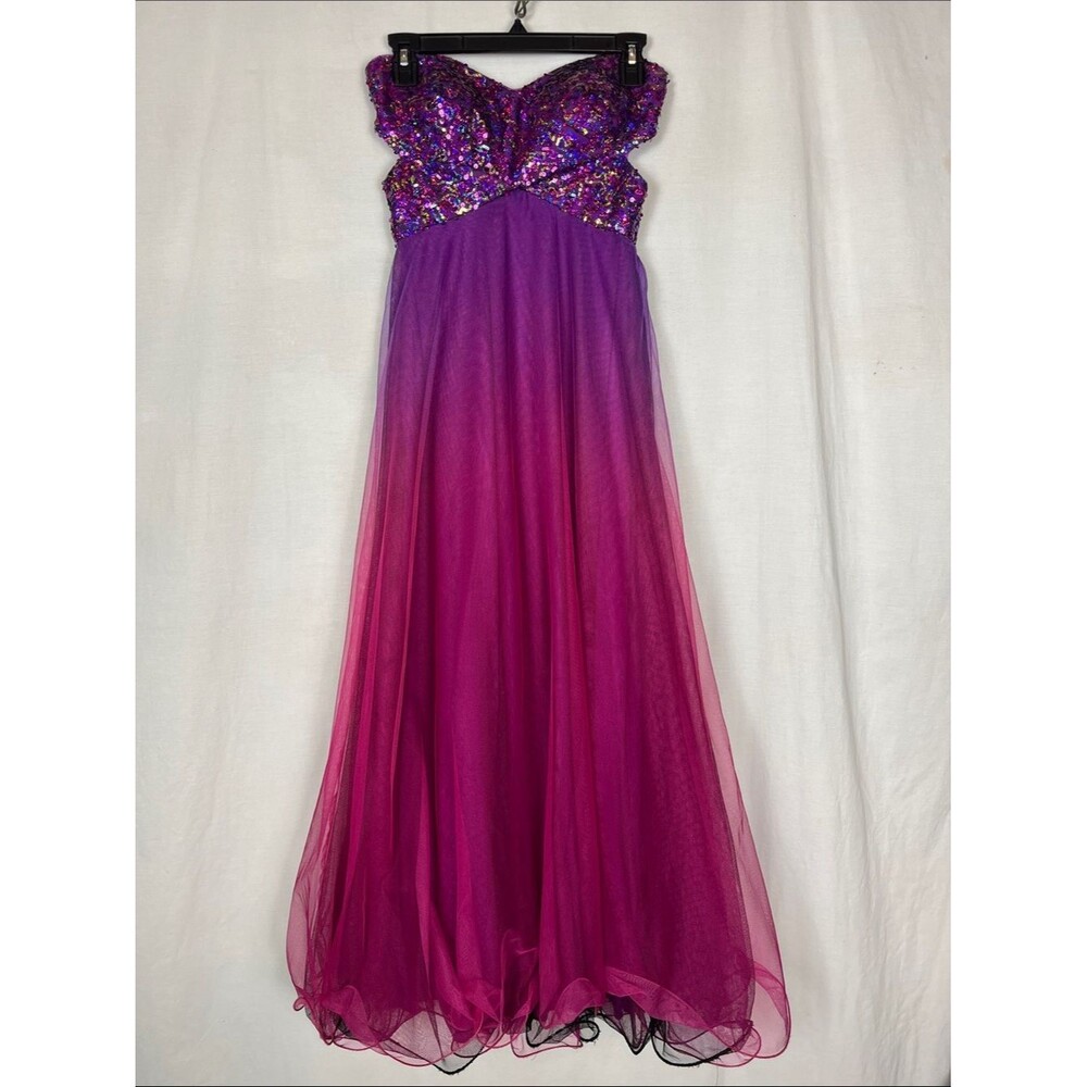 Y2K Blondie Nites Stacy Sklar Purple Ombre Sequin Strapless Maxi Formal Dress
